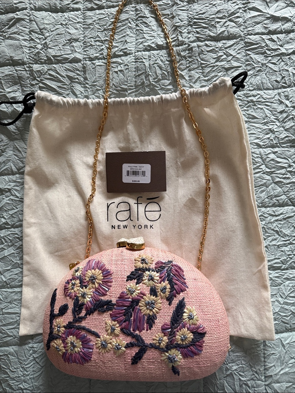 Pink Embroidered Floral Chain Clutch